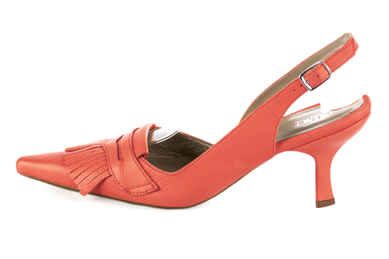 French elegance and refinement for these coral orange dress slingback shoes, 
                available in many subtle leather and colour combinations. Fans of originality will appreciate the fringes and the "Offbeat Rock" side.
To be personalized or not, with your materials and colors.  
                Matching clutches for parties, ceremonies and weddings.   
                You can customize these shoes to perfectly match your tastes or needs, and have a unique model.  
                Choice of leathers, colours, knots and heels. 
                Wide range of materials and shades carefully chosen.  
                Rich collection of flat, low, mid and high heels.  
                Small and large shoe sizes - Florence KOOIJMAN